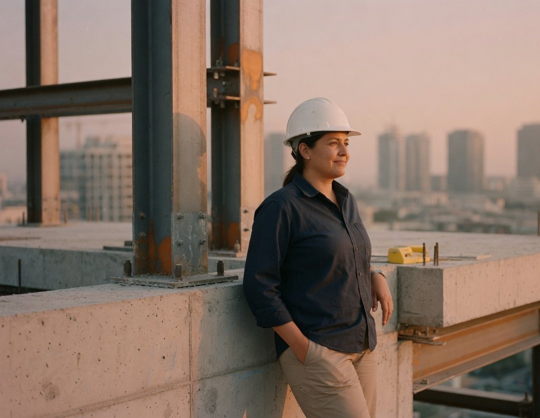 Engineer in a hard hat on a concrete frame at golden hour